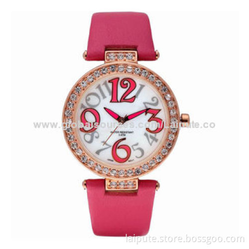 Fashionable Ladies' Crystal Watch with Leather Band and Water-resistantNew